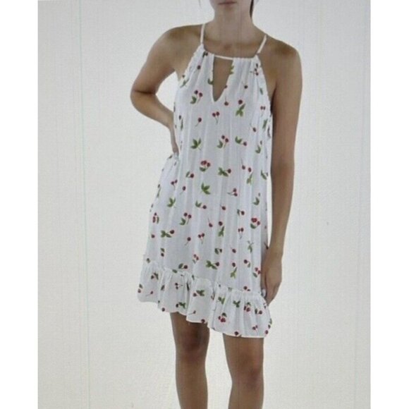 Aqua Womens White Cherries Printed Mini Tiered Halter Dress - Picture 1 of 8